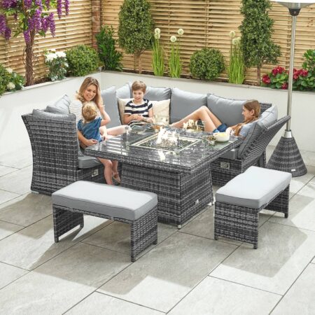 Cambridge Rattan Corner Dining Set With Firepit & Reclining Sides - Grey