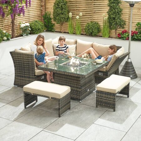 Cambridge Rattan Corner Dining Set With Firepit & Reclining Sides - Brown