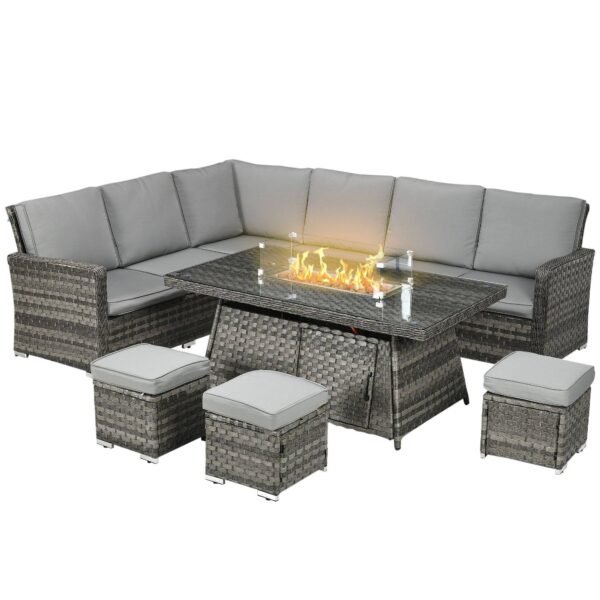 Outsunny 7 Pieces Rattan Garden Furniture Set w/ 50,000 BTU Gas Fire Pit Table