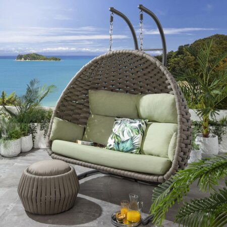 Outdoor Double Hanging Egg Chair 2 Seater Garden Swing - Beige & Green